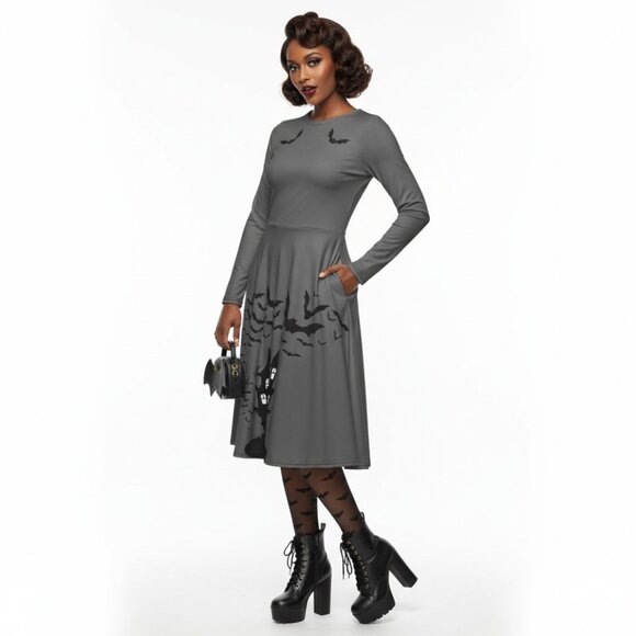 Plus Size Goth Bat Print Long Sleeve Pinup Dress with Pockets - Picture 10 of 17